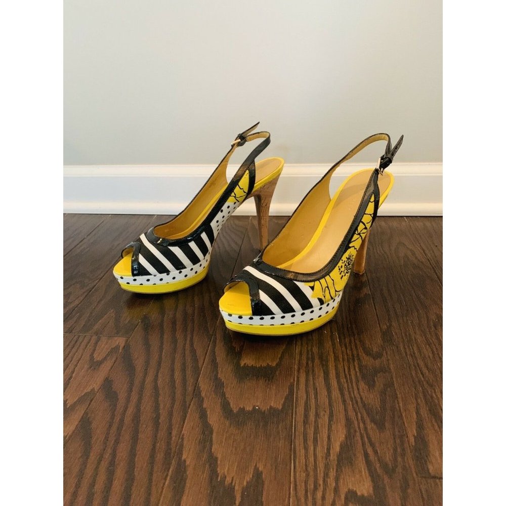 Nine West Black White Yellow Ankle Strap Open Toe High Heels Size 9M